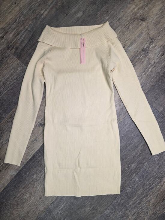 Qinsen Dresses & Skirts - Qinsen Womens L Dress Cream Ribbed Knit Off Shoulder Long Sleeve Bodycon NWT